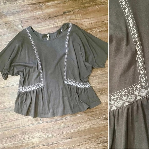 Dark olive top with white embroidered detail - Picture 1 of 7